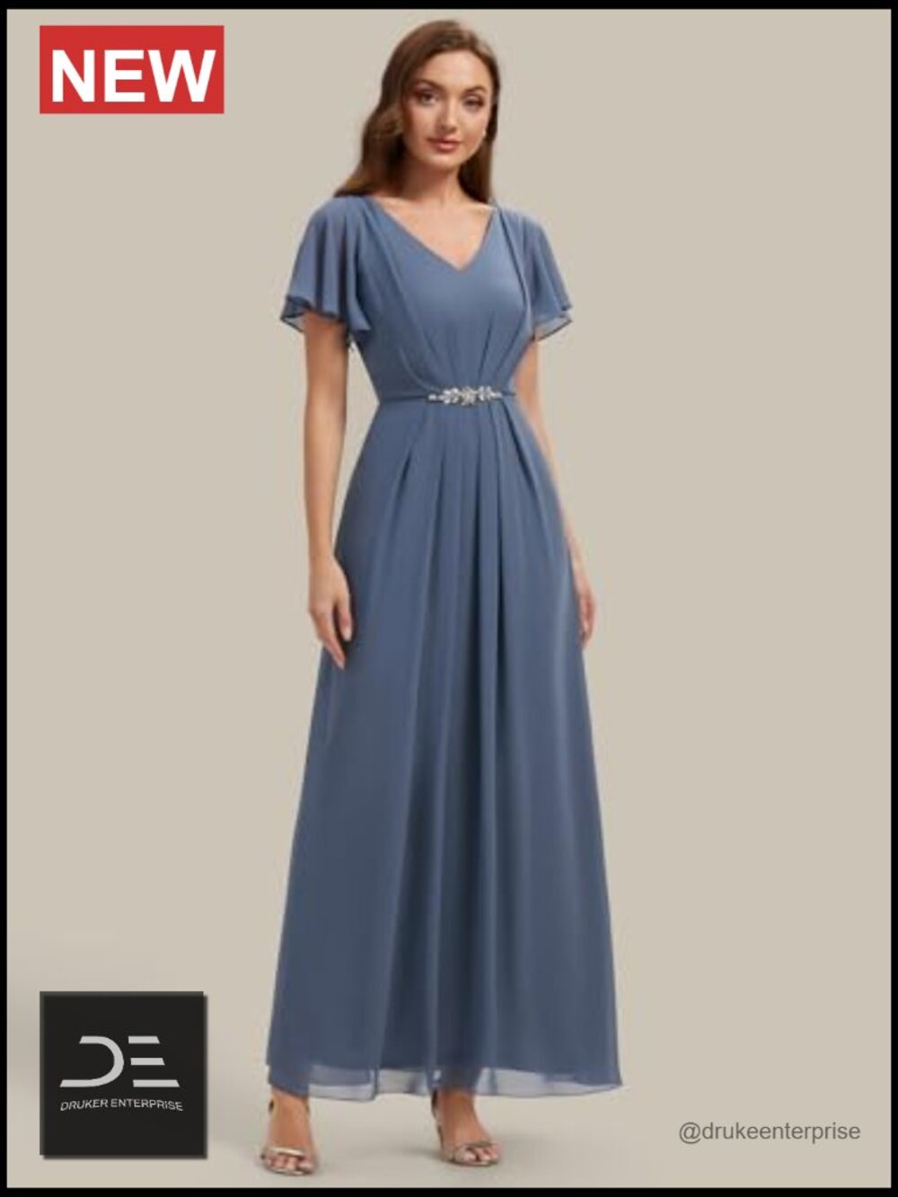 V-Neck Short Sleeve Chiffon Maxi A-Line Formal Dress with Ruffle Trim - Picture 3 of 5